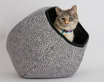 Cat Ball Bed - Private Pod Cave Pet Bed With Two Openings - Black and White Fingerprint Fabric