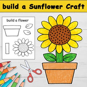 Może przedstawiać: Zestaw rzemieślniczy z napisem "build a Sunflower Craft". Zestaw zawiera duży słonecznik, doniczkę, liście i szablon do budowy kwiatu. Obecne są również kredki i nożyczki.