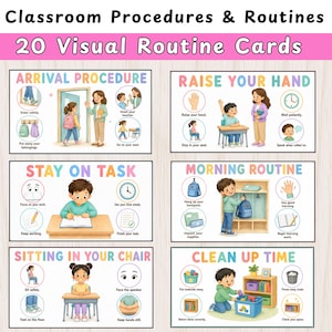 Puede incluir: Un conjunto de 20 tarjetas de rutina visual tituladas Classroom Procedures & Routines. Cada tarjeta presenta ilustraciones coloridas y texto que explica tareas como el procedimiento de llegada, levantar la mano, mantenerse enfocado y la rutina matutina.