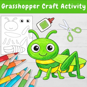 May include: A colorful grasshopper craft activity illustration. The image features a green grasshopper with yellow stripes, a craft template, glue, scissors, and colored pencils. The text "Grasshopper Craft Activity" is at the top.