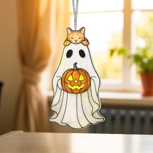 Ghost and Cat Acrylic Suncatcher – Faux Stained Glass Halloween Window Hanging, Cozy Autumn Decor, Book Lover Spooky Gift