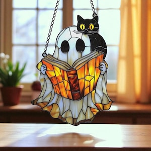 Ghost and Cat Acrylic Suncatcher – Faux Stained Glass Halloween Window Hanging, Cozy Autumn Decor, Book Lover Spooky Gift