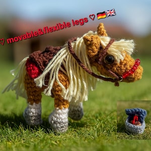 Haakpatroon voor een paard met uitrusting // beweegbare en flexibele poten // Pony met teugels, zadeldek, zadel, poetskist en borstel