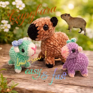 Könnte beinhalten: Handgefertigte Capybara-Plüschtiere aus Häkelarbeit in Braun, Grün und Lila. Das Bild enthält den Text "Capybara", "low-sew" und "easy & fast". Die Spielzeuge sind auf einer Holzoberfläche ausgestellt.