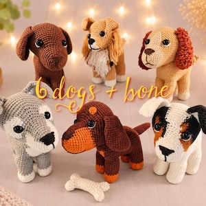 May include: Six crocheted dog figurines in various colors including brown, tan, gray, and white, featuring black plastic eyes and stitched noses. One small white crocheted bone is placed in front of the dogs. The text 6 dogs + bone is visible.
