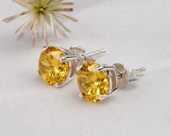 Pendientes de botón de circonita cúbica amarilla de 8 mm, pendientes de circonita cúbica color citrino, pendientes de plata de ley, joyería minimalista y delicada, regalo para ella.