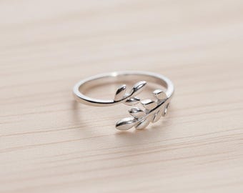 Sterling Silver Leaf Ring, Adjustable Vine Branch Ring