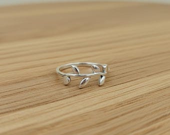 Dainty Sterling Silver Leaf Branch Ring, Boho Botanical Jewelry
