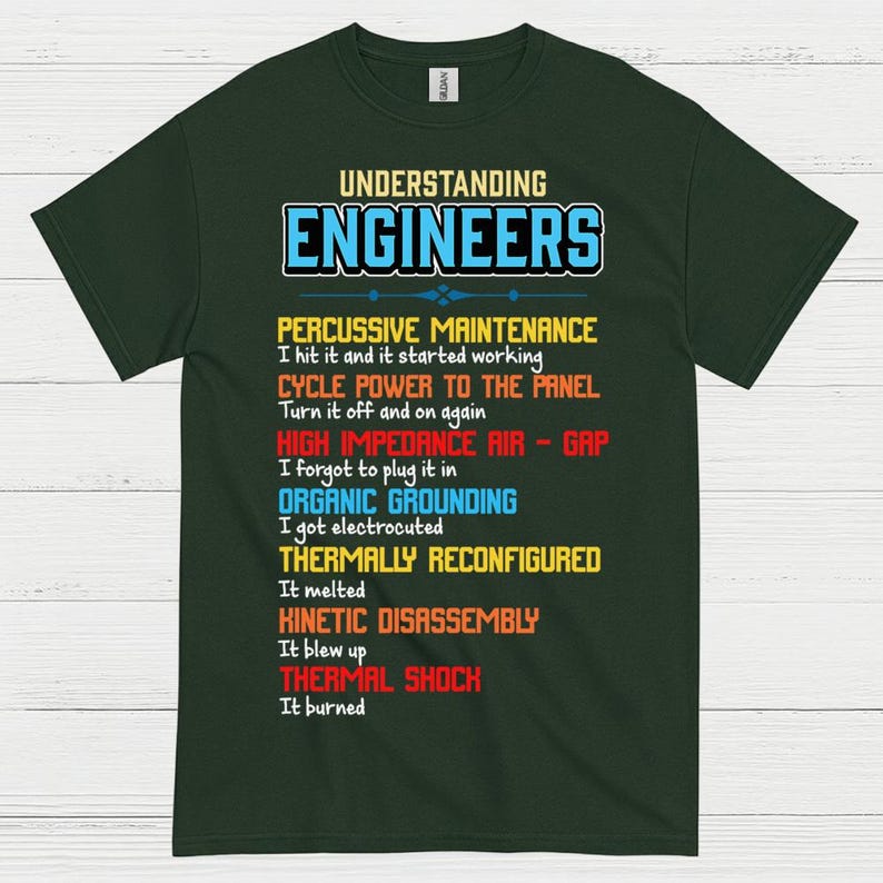 May include: Dark green t-shirt featuring the text "UNDERSTANDING ENGINEERS" in blue and white. Below, a list of humorous engineering terms and phrases is printed in various colours, including yellow, blue, and red. A fun gift for engineers.