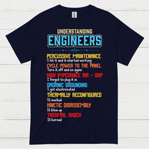 May include: A navy blue t-shirt featuring the text "UNDERSTANDING ENGINEERS" in blue and white. The shirt displays a list of engineering terms in various colours, such as "PERCUSSIVE MAINTENANCE" and "THERMAL SHOCK".
