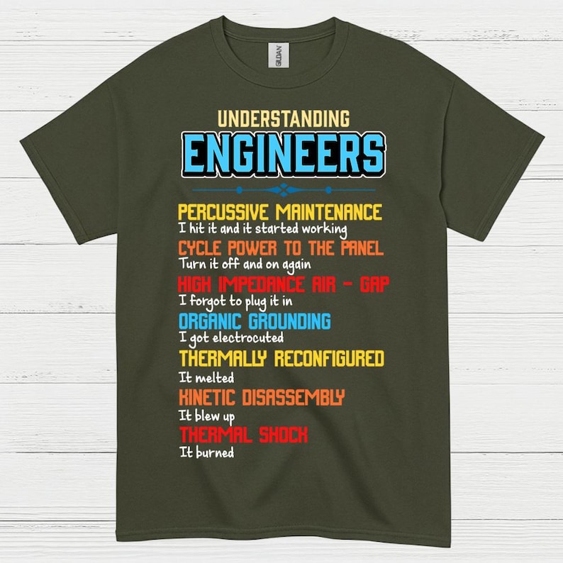 May include: An olive green t-shirt featuring the text "UNDERSTANDING ENGINEERS" in blue and white. The shirt displays a humorous list of engineering troubleshooting steps, such as "PERCUSSIVE MAINTENANCE" and "THERMAL SHOCK", in various colours.