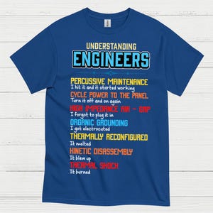 May include: A blue t-shirt featuring the text "UNDERSTANDING ENGINEERS" in white and blue. The shirt lists humorous engineering problem-solving methods, such as "Percussive Maintenance" and "Thermal Shock."