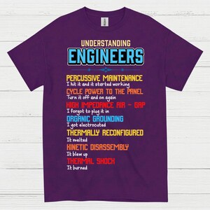 May include: A purple t-shirt featuring the text "UNDERSTANDING ENGINEERS" in blue and white. The shirt displays a list of engineering terms in different colours, such as "PERCUSSIVE MAINTENANCE" and "THERMAL SHOCK".