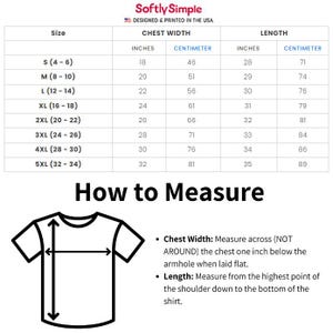 May include: A white chart detailing t-shirt size measurements, with chest width in inches and centimetres, and length in inches and centimetres. Sizes range from S to 5XL. The image also provides instructions on how to measure a t-shirt.