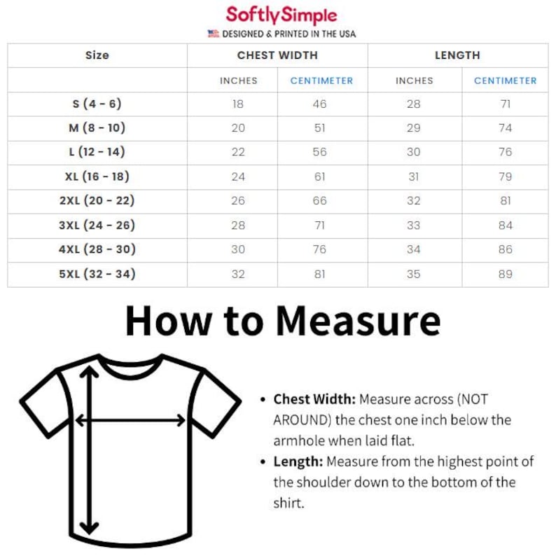 May include: A white chart detailing t-shirt size measurements, with chest width in inches and centimetres, and length in inches and centimetres. Sizes range from S to 5XL. The image also provides instructions on how to measure a t-shirt.
