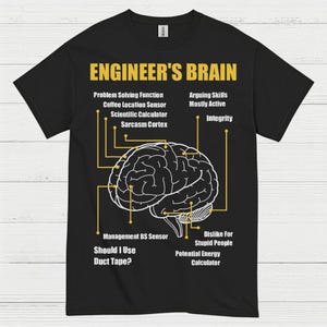 May include: Black t-shirt with a diagram of a brain labeled "Engineer's Brain." The diagram includes labels such as "Problem Solving Function," "Sarcasm Cortex," and "Should I Use Duct Tape?" in yellow text. The shirt is a Gildan brand.