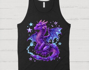 May include: Black tank top featuring a purple dragon illustration with blue and purple stars. The dragon has detailed scales, wings, and horns. The design is set against a black background, creating a striking contrast.