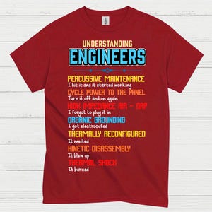 May include: A maroon t-shirt featuring the text "UNDERSTANDING ENGINEERS" in blue and white. The shirt lists humorous engineering troubleshooting methods, such as "Percussive Maintenance" and "Thermal Shock."