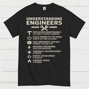May include: Black t-shirt with the text "UNDERSTANDING ENGINEERS" and a list of engineering-related phrases and icons. The shirt features a hammer, wrench, and lightning bolt graphic.