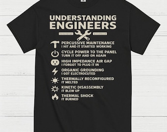 May include: Black t-shirt with the text "UNDERSTANDING ENGINEERS" and a list of engineering-related phrases and icons. The shirt features a hammer, wrench, and lightning bolt graphic.