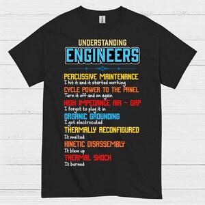 May include: Black t-shirt with the text "UNDERSTANDING ENGINEERS" in blue and white. Below, humorous engineering troubleshooting steps are listed in various colors, including "PERCUSSIVE MAINTENANCE" and "THERMAL SHOCK."