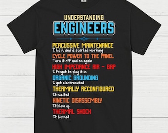 May include: Black t-shirt with the text "UNDERSTANDING ENGINEERS" in blue and white. Below, humorous engineering troubleshooting steps are listed in various colors, including "PERCUSSIVE MAINTENANCE" and "THERMAL SHOCK."