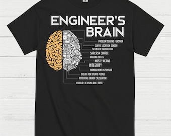 May include: Black t-shirt with the text "ENGINEER'S BRAIN" in white. The design features a brain split into two halves, one with a brain-like texture and the other with mechanical components and labels like "Sarcasm Cortex" and "Integrity."