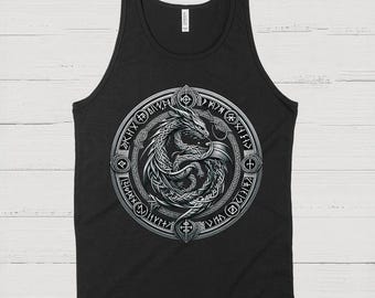 May include: Black tank top featuring a detailed silver dragon design within a circular frame. The dragon is intricately rendered with scales and wings, surrounded by runic symbols. The design is centered on the front of the tank top.