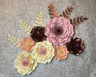 Handmade paper flower set of 7 w/leaves, backdrop, wedding, nursery, party, home decor, giant flowers, rose gold, pink, ivory, blush