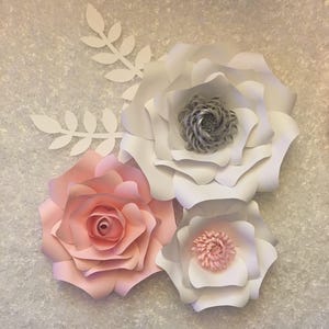 Paper Flower set of 3 white and pink roses with stem leaves, nursery, wedding, girls room decor, handmade flowers