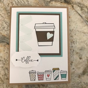 Coffee Cards, Set of 4, Stampin’ Up! Press On Colored w/Copics Coffee Cups Hearts Any Occasion Sage Shadow
