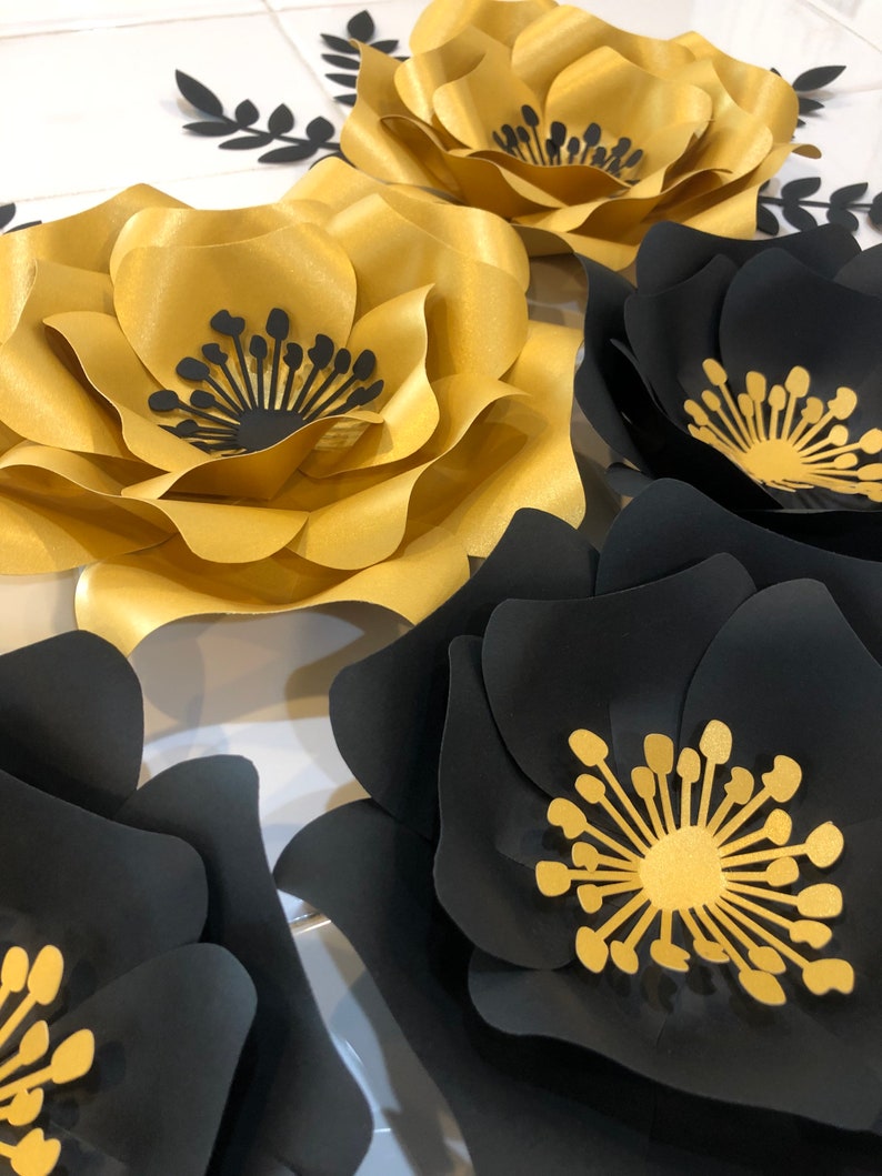 SMALL Paper Flower Set of 6 in Black and Gold With Stem Etsy