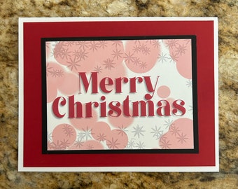 Merry Christmas Cards, Set of 4, Red, Black, White, Printed, Handmade, Hand-Created