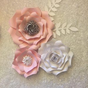 Paper Flower Set of 3, rose, pink and white, you can choose color, nursery decor, wedding, backdrop, silver center