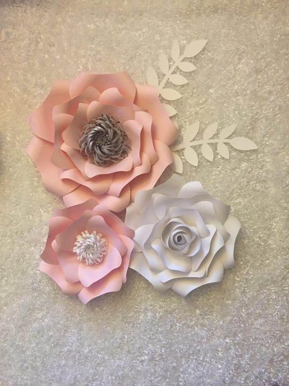 Paper Flower Set of 3, rose, pink and white, you can choose color, nursery decor, wedding, backdrop, silver center