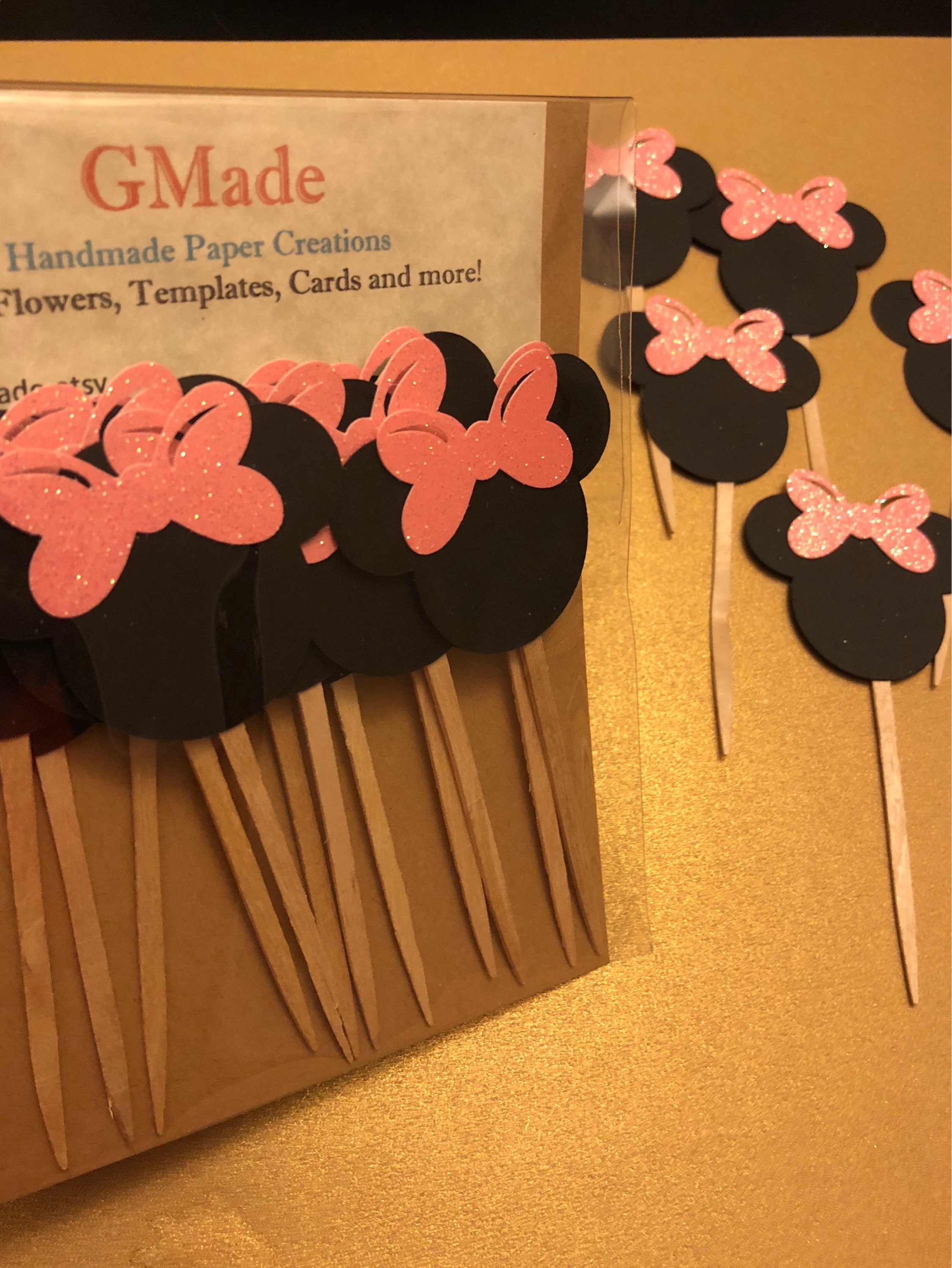 12 Minnie Mouse Cupcake Toppers Cake Pops Glitter Pink Bow