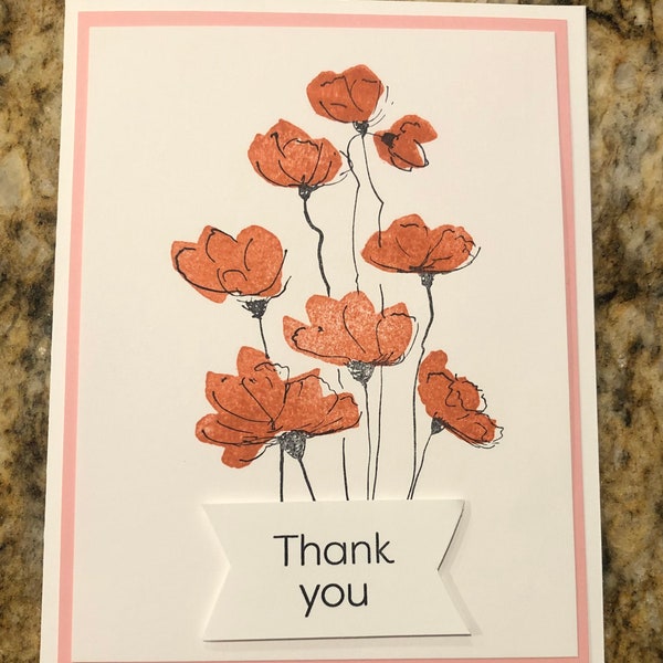 Thank You Cards, Set of 4, Pink Blooms, Handmade, Stamped