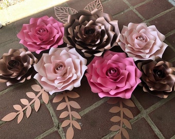 Paper flower set of 7 ROSES, Backdrop, Rose Gold & Pinks, giant flowers, nursery, wedding