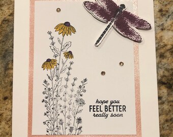 Feel Better Cards, Set of 4, Stampin' Up! Dragonfly Garden, Rich Razzleberry, Rosegold Paper