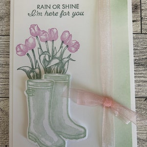 Any Occasion Cards Set of 4 Stampin Up Flowering Rain Boots Mint Macaron Rain Boots Tulips Flowers