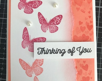 Thinking of You Cards, Set of 4, Stampin' Up! Cameo Coral Butterflies and Hearts THINKING OF YOU
