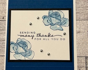 Thank You Cards Set of 4 Stampin Up Blue Flowers Watercolor Roses Embossed