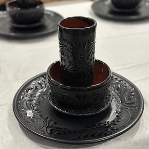 Black Talavera Kitchenware Set, Lead-Free, Set of large plates, small plates, cups, and  bowls