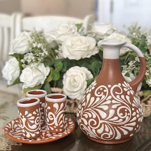 Engobe Talavera Inspired Design Brown and White Shot Glasses with Plate and Decanter, Ceramic, Barro, Kitchen Decor, Party Favors