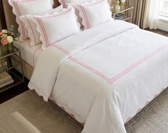 Set copripiumino in raso di cotone bianco smerlato ricamato (400 fili)