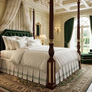 May include: A four-poster bed with dark wood posts and a green tufted headboard, featuring white bedding with green trim. The bed has a white canopy, a pleated bed skirt with green stripes, and sits on a patterned rug in a room with green curtains.