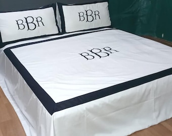 Border frame Monogram  Duvet Cover Set 400 Thread Count White Cotton Sateen