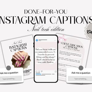 Peut inclure: Image publicitaire pour des légendes Instagram pour les prothésistes ongulaires. L'image comprend un smartphone affichant un exemple de publication, deux brochures d'information et deux boîtes de questions interactives. Le texte comprend "Instagram Captions" et "Client Education Captions."