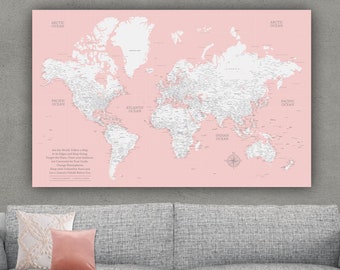 Millennial Pink Push Pin Travel Map of World, Custom Push Pin World Map, Canvas Map, Travel Gifts, Large Travel Map Canvas, Personalized Map