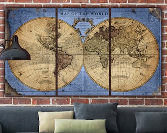 Globe World Map Blue/Tan Canvas. Large wall art, canvas wall art, vintage map art, Map of World, Holy Cow Canvas